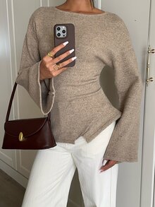 Aloruh Atasan Rajut Lengan Panjang Minimalis dan Nyaman untuk Perjalanan Musim Gugur/Musim Dingin - Sweater Lapisan Dasar Berwarna Aprikot Elegan dengan Hem Asimetris - Khaki - View 5