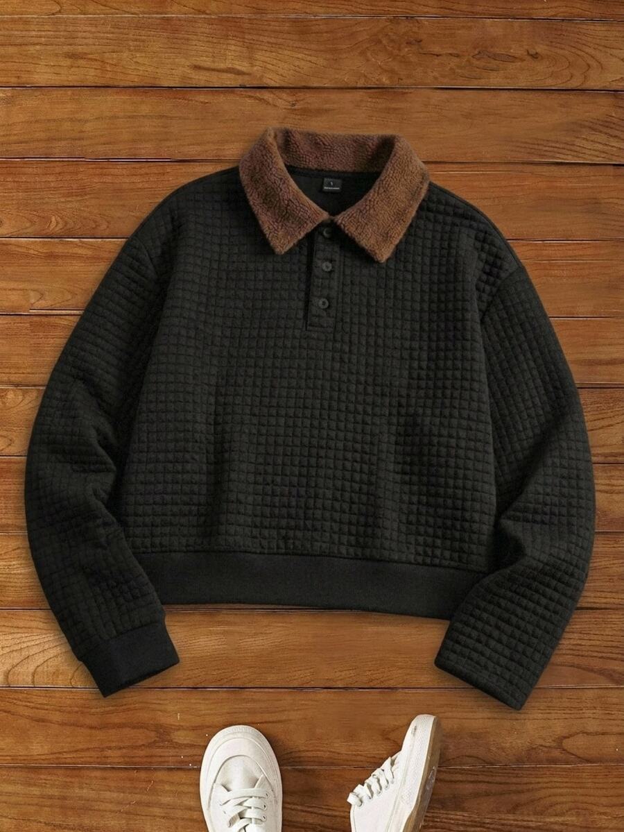 HIMLAND Men Black Color Block Sweatshirt Crew Neck Patchwork Pullover Streetwear,Fleece,Oversized Pullover,Crew Neck Sweatshirt Halloween Winter Party Autumn - Black - View 1