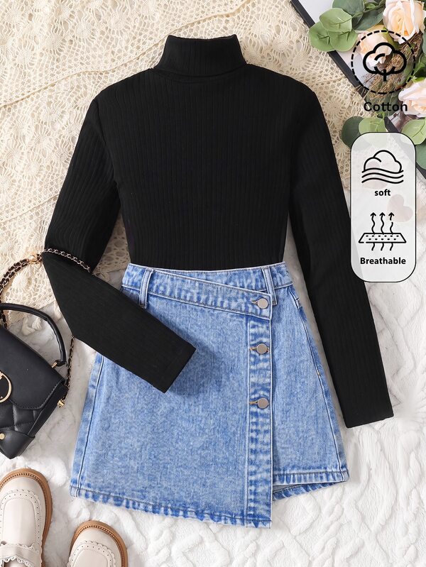Girls' Black Knit Turtleneck T-Shirt And Blue Denim Skort 2-Piece Set