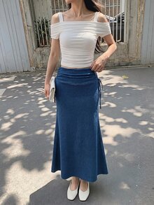 SHEIN MOD 女款側抽繩設計優雅休閒美人魚牛仔裙，百搭針織牛仔裙，秋季穿搭，派對日常約會，可愛海軍藍 - 藍色 - 查看 9