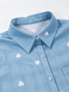 Glimmora Floral Pattern Loose Denim Shirt For Women - Blue - View 10