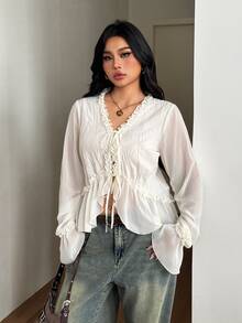 Coolane Women's Plus Size Summer Fall Streetwear Going Out Morning Elegant Vacation Date Night Casual Textured Pleated Ruffle White Blouses Halloween - Apricot - View 2