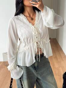 Coolane Women's Plus Size Summer Fall Streetwear Going Out Morning Elegant Vacation Date Night Casual Textured Pleated Ruffle White Blouses Halloween - Apricot - View 4