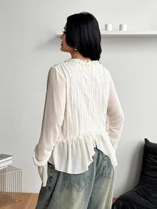 Coolane Women's Plus Size Summer Fall Streetwear Going Out Morning Elegant Vacation Date Night Casual Textured Pleated Ruffle White Blouses Halloween - Apricot - View 8
