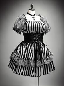 SHEIN ICON Plus Size Retro Sexy Millennial Style Y2K Lolita Cute  Gothic Halloween Outfit Black And White Striped Patchwork Ruffled Puff Sleeve Little Dress - Black and White - View 3