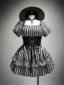 SHEIN ICON Plus Size Retro Sexy Millennial Style Y2K Lolita Cute  Gothic Halloween Outfit Black And White Striped Patchwork Ruffled Puff Sleeve Little Dress - Black and White - View 8
