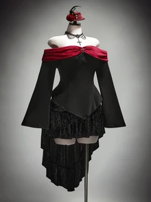 SHEIN ICON Women's Plus Size Autumn Retro Sexy Goth Dark Elegant Gothic Style Halloween Outfit Black And Red Color Block Off-Shoulder Cross Flared Sleeve T-Shirt - Black - View 6