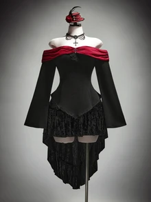 SHEIN ICON Women's Plus Size Autumn Retro Sexy Goth Dark Elegant Gothic Style Halloween Outfit Black And Red Color Block Off-Shoulder Cross Flared Sleeve T-Shirt - Black - View 5
