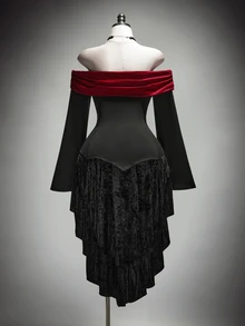 SHEIN ICON Women's Plus Size Autumn Retro Sexy Goth Dark Elegant Gothic Style Halloween Outfit Black And Red Color Block Off-Shoulder Cross Flared Sleeve T-Shirt - Black - View 2