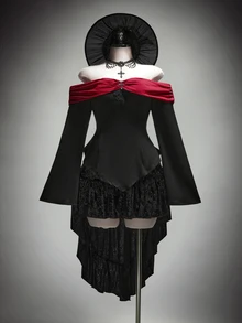 SHEIN ICON Women's Plus Size Autumn Retro Sexy Goth Dark Elegant Gothic Style Halloween Outfit Black And Red Color Block Off-Shoulder Cross Flared Sleeve T-Shirt - Black - View 1