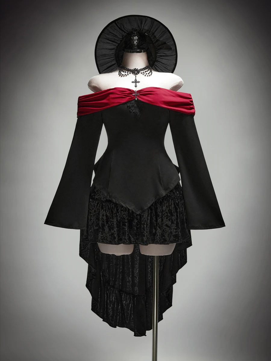 SHEIN ICON Women's Plus Size Autumn Retro Sexy Goth Dark Elegant Gothic Style Halloween Outfit Black And Red Color Block Off-Shoulder Cross Flared Sleeve T-Shirt - Black - View 1
