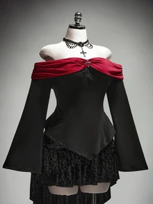 SHEIN ICON Women's Plus Size Autumn Retro Sexy Goth Dark Elegant Gothic Style Halloween Outfit Black And Red Color Block Off-Shoulder Cross Flared Sleeve T-Shirt - Black - View 12