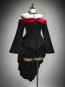 SHEIN ICON Women's Plus Size Autumn Retro Sexy Goth Dark Elegant Gothic Style Halloween Outfit Black And Red Color Block Off-Shoulder Cross Flared Sleeve T-Shirt - Black - View 10