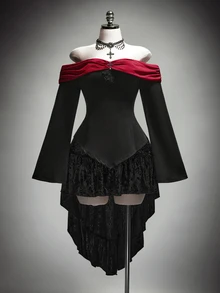 SHEIN ICON Women's Plus Size Autumn Retro Sexy Goth Dark Elegant Gothic Style Halloween Outfit Black And Red Color Block Off-Shoulder Cross Flared Sleeve T-Shirt - Black - View 4