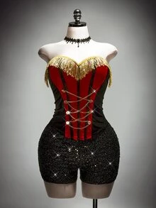 SHEIN ICON Atasan Korset Bustier Gaya Istana Warna Kontras Hitam & Merah untuk Wanita Ukuran Plus - Hitam - View 10