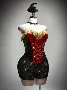 SHEIN ICON Atasan Korset Bustier Gaya Istana Warna Kontras Hitam & Merah untuk Wanita Ukuran Plus - Hitam - View 5