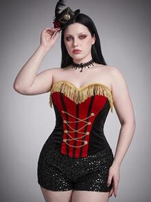 SHEIN ICON Atasan Korset Bustier Gaya Istana Warna Kontras Hitam & Merah untuk Wanita Ukuran Plus - Hitam - View 11