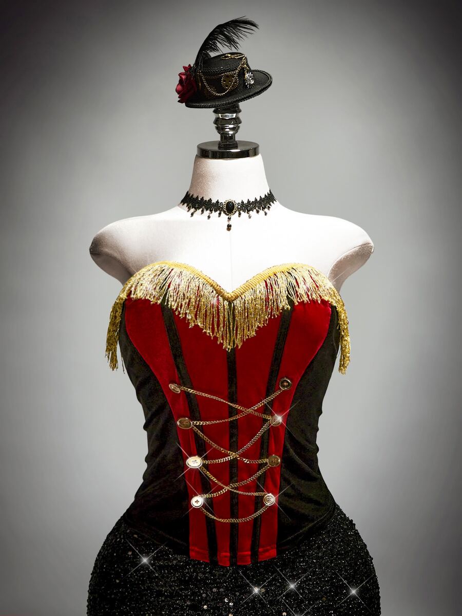 SHEIN ICON Atasan Korset Bustier Gaya Istana Warna Kontras Hitam & Merah untuk Wanita Ukuran Plus
