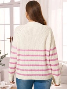 EMERY ROSE Sweater Pullover Bergaris Pink & Putih Ukuran Plus dengan Dekorasi Gesper Berlian, Atasan Kasual Serbaguna untuk Perjalanan Musim Gugur/Dingin - MultiWarna - View 4