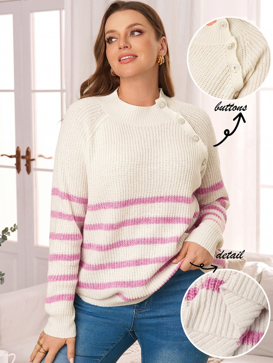EMERY ROSE Sweater Pullover Bergaris Pink & Putih Ukuran Plus dengan Dekorasi Gesper Berlian, Atasan Kasual Serbaguna untuk Perjalanan Musim Gugur/Dingin - MultiWarna - View 1