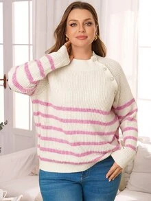 EMERY ROSE Sweater Pullover Bergaris Pink & Putih Ukuran Plus dengan Dekorasi Gesper Berlian, Atasan Kasual Serbaguna untuk Perjalanan Musim Gugur/Dingin - MultiWarna - View 7