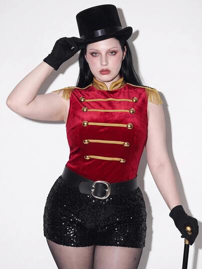 SHEIN ICON Plus Size Sexy Halloween Cosplay Outfit For Women: Velvet Performance Costume With Sequined Stand Collar, Tassel Epaulettes, Double-Breasted Red Vest