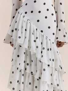 Enchnt Premium Pre-Fall Romantic Women's Elegant Black And White Polka Dot Flared Sleeve Multi-Layered Ruffled Long Dress,Wedding Formal Dinner Party - Black and White - View 3