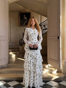 Enchnt Premium Pre-Fall Romantic Women's Elegant Black And White Polka Dot Flared Sleeve Multi-Layered Ruffled Long Dress,Wedding Formal Dinner Party - Black and White - View 2