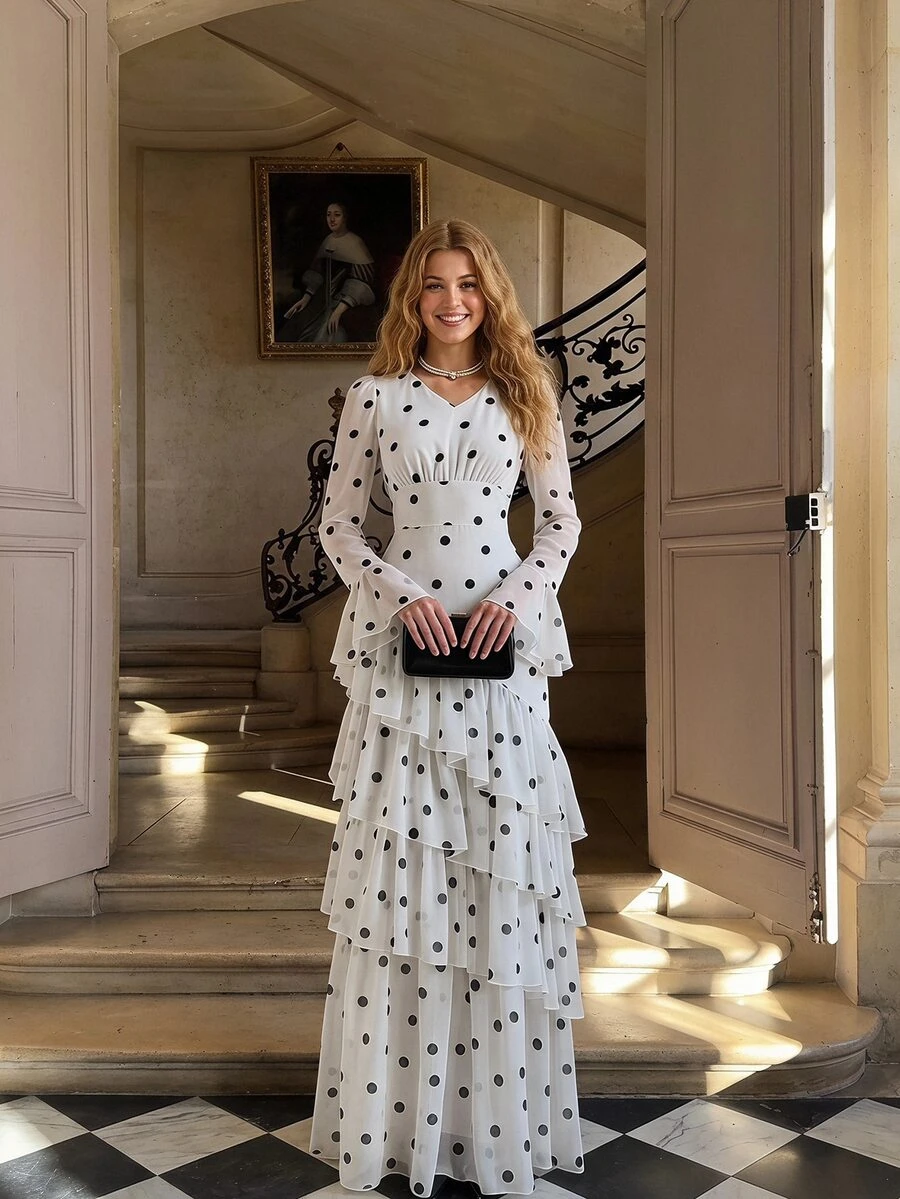 Enchnt Premium Pre-Fall Romantic Women's Elegant Black And White Polka Dot Flared Sleeve Multi-Layered Ruffled Long Dress,Wedding Formal Dinner Party