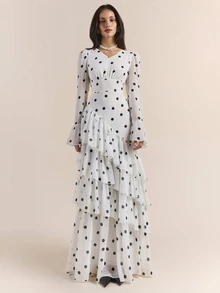 Enchnt Premium Pre-Fall Romantic Women's Elegant Black And White Polka Dot Flared Sleeve Multi-Layered Ruffled Long Dress,Wedding Formal Dinner Party - Black and White - View 5