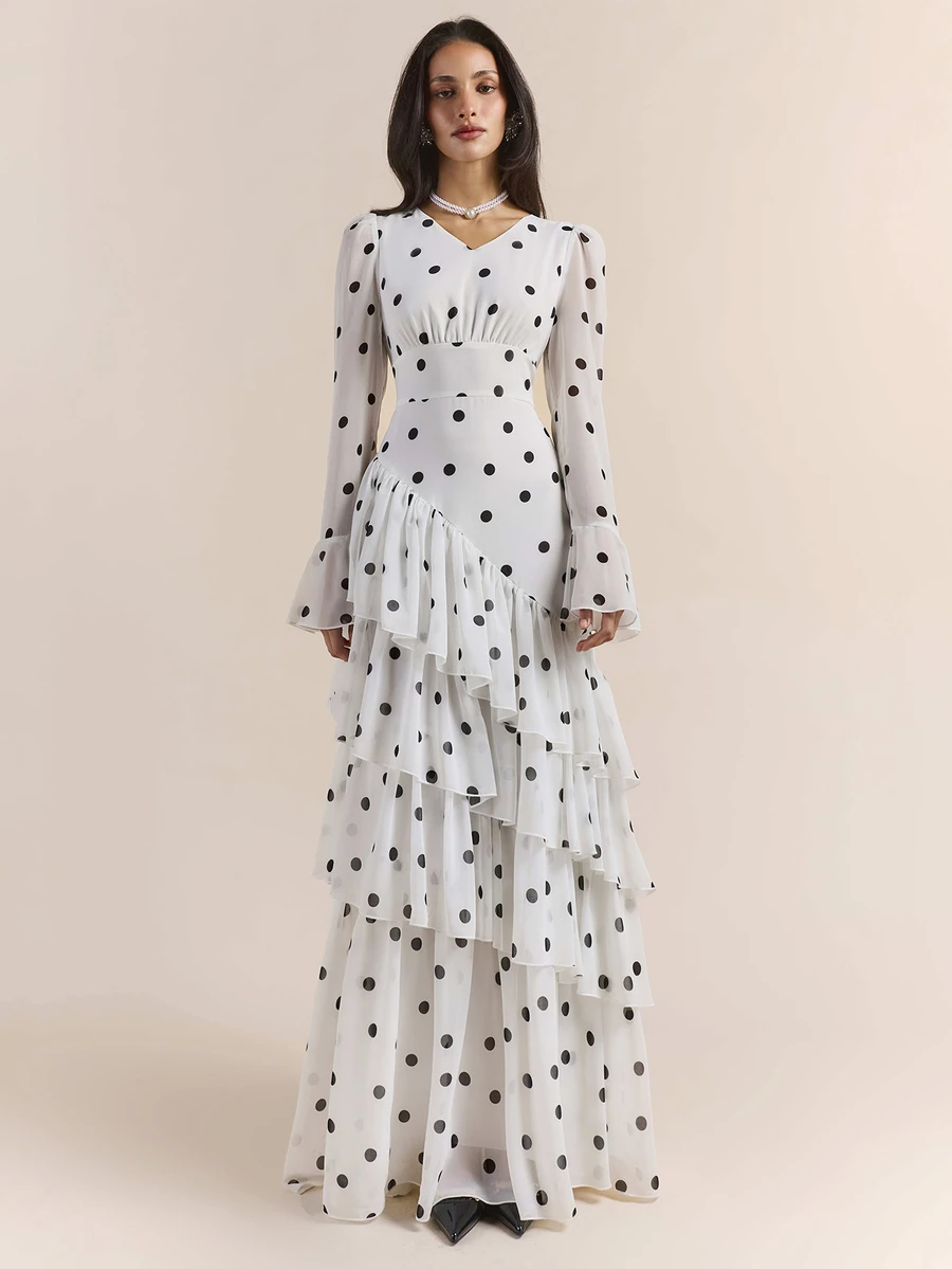 Enchnt Premium Pre-Fall Romantic Women's Elegant Black And White Polka Dot Flared Sleeve Multi-Layered Ruffled Long Dress,Wedding Formal Dinner Party
