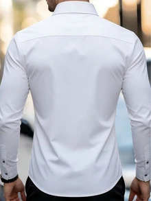 Calvornis Manfinity 男士修身白色與黑色對比領長袖襯衫，商務休閒男士襯衫適用於辦公室，秋季正式老錢風正裝襯衫，儀式 - 白色 - 查看 3
