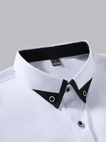 Calvornis Manfinity 男士修身白色與黑色對比領長袖襯衫，商務休閒男士襯衫適用於辦公室，秋季正式老錢風正裝襯衫，儀式 - 白色 - 查看 6