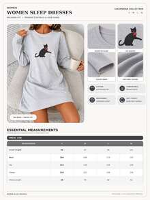 SHEIN فستان نوم نسائي من القطن بخطوط وطباعة قطة وشعار، بياقة دائرية وأكمام طويلة – لون رمادي - رمادي - مشاهدة 4