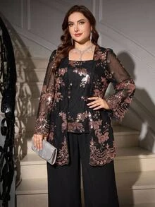 SHEIN Clasi Elegant Plus-Size Women's Two-Piece Set: Sequin Floral Embroidered Ruffle-Sleeve Jacket And Wide-Leg Trousers (Perfect For Parties) Fall - Multicolor - View 8