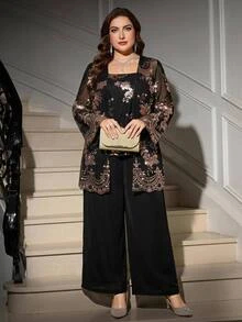 SHEIN Clasi Elegant Plus-Size Women's Two-Piece Set: Sequin Floral Embroidered Ruffle-Sleeve Jacket And Wide-Leg Trousers (Perfect For Parties) Fall - Multicolor - View 7