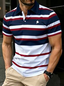 Calvornis Men's Fashion Striped Short Sleeve Polo Shirt, Formal, Old Money - Multicolor - View 3