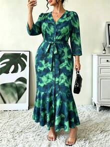 SHEIN LUNE CURVE French Elegant V-Neck 3/4 Sleeve Long Polka Dot Dress Fall - Cadet Blue - View 3