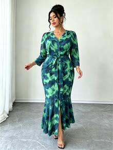 SHEIN LUNE CURVE French Elegant V-Neck 3/4 Sleeve Long Polka Dot Dress Fall - Cadet Blue - View 5