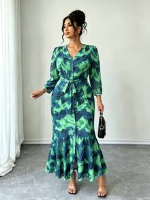 SHEIN LUNE CURVE French Elegant V-Neck 3/4 Sleeve Long Polka Dot Dress Fall - Cadet Blue - View 1