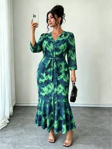 SHEIN LUNE CURVE French Elegant V-Neck 3/4 Sleeve Long Polka Dot Dress Fall - Cadet Blue - View 8