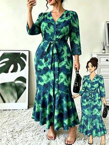 SHEIN LUNE CURVE French Elegant V-Neck 3/4 Sleeve Long Polka Dot Dress Fall - Cadet Blue - View 2