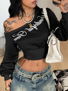 Coolane Women's Autumn/Winter Streetwear Casual Basic Daily Wear Graphics Open Shoulder Short Cropped Long Sleeve Black Crop Sweatshirt - Black - View 4