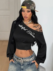 Coolane Women's Autumn/Winter Streetwear Casual Basic Daily Wear Graphics Open Shoulder Short Cropped Long Sleeve Black Crop Sweatshirt - Black - View 1