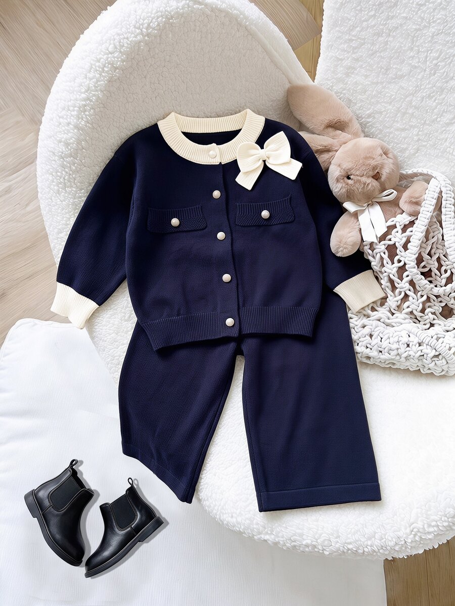 SHEIN Baby Girl Bow Decor Long Sleeve Single-Breasted Knit Cardigan And Knit Autumn Winter Pants Set - Royal Blue - View 1