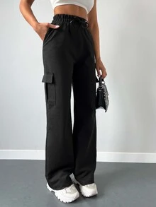 SHEIN Plus Size Two Side Flap Pocket Detailed Solid Black Color Casual Traditional Long Pants Formal Vacation Winter - Black - View 1