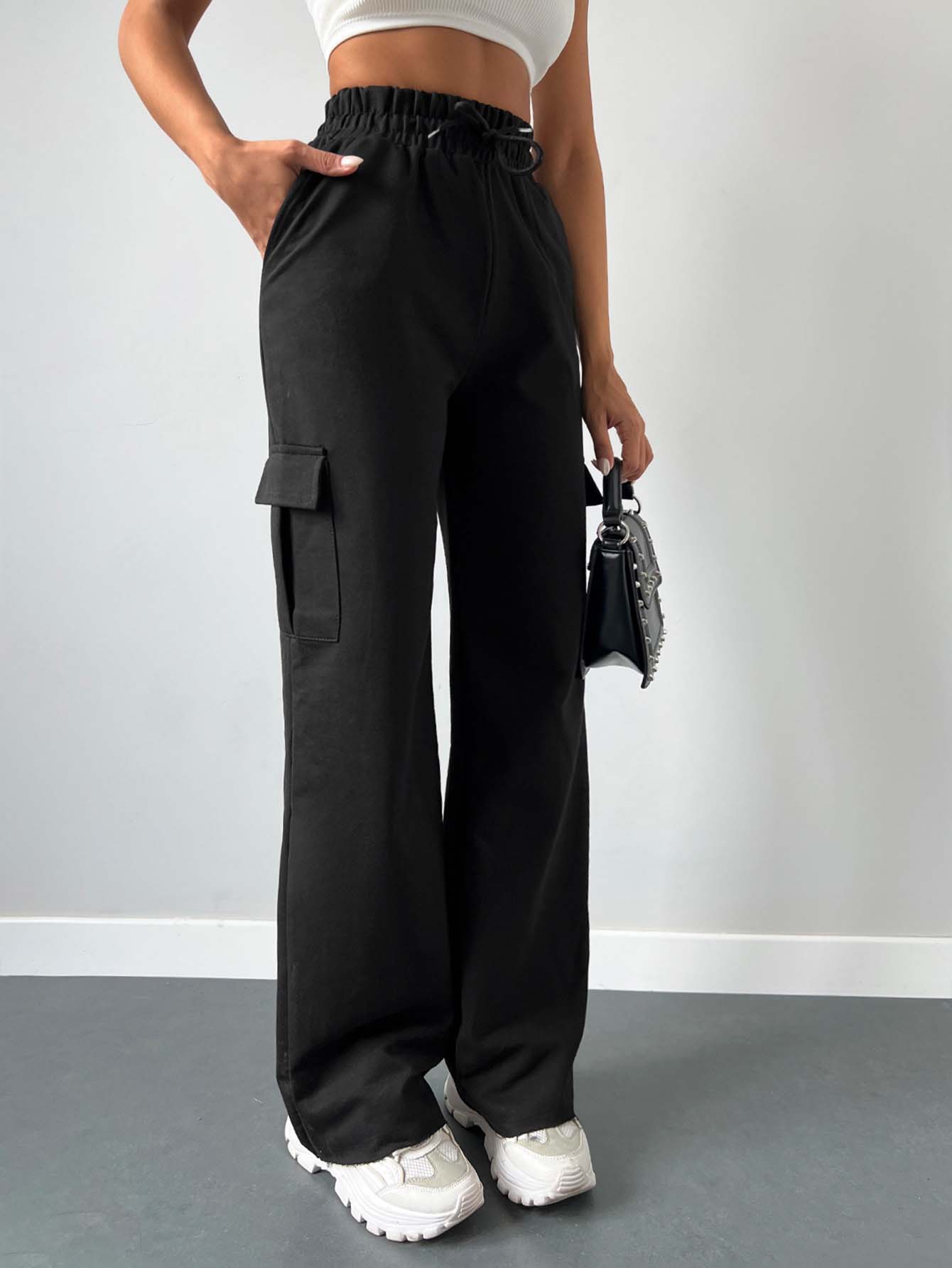 SHEIN Plus Size Two Side Flap Pocket Detailed Solid Black Color Casual Traditional Long Pants Formal Vacation Winter - Black - View 1