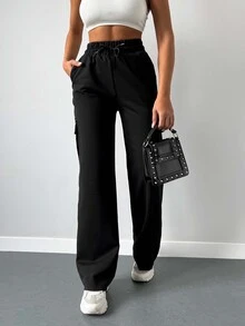SHEIN Plus Size Two Side Flap Pocket Detailed Solid Black Color Casual Traditional Long Pants Formal Vacation Winter - Black - View 3