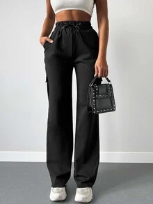 SHEIN Plus Size Two Side Flap Pocket Detailed Solid Black Color Casual Traditional Long Pants Formal Vacation Winter - Black - View 4