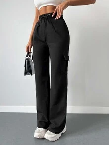 SHEIN Plus Size Two Side Flap Pocket Detailed Solid Black Color Casual Traditional Long Pants Formal Vacation Winter - Black - View 5